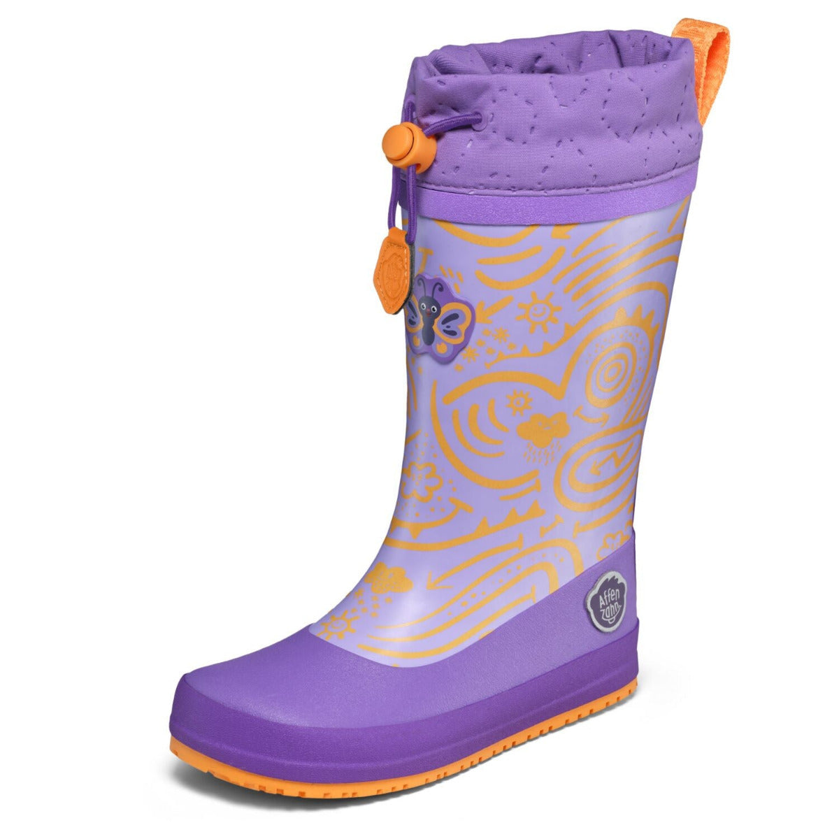 Veganer Barfuß-Gummistiefel Puddly im Schmetterling-Design warm gefüttert mit Cordlock-Kragen, Profil 2