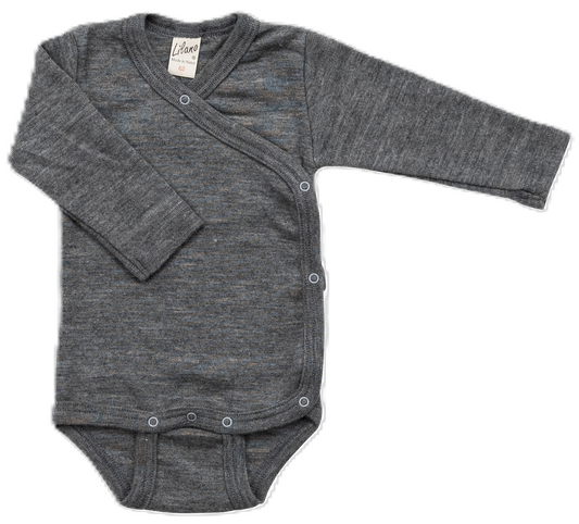 Wickelbody aus Wolle/Seide, langarm, grau | Lilano