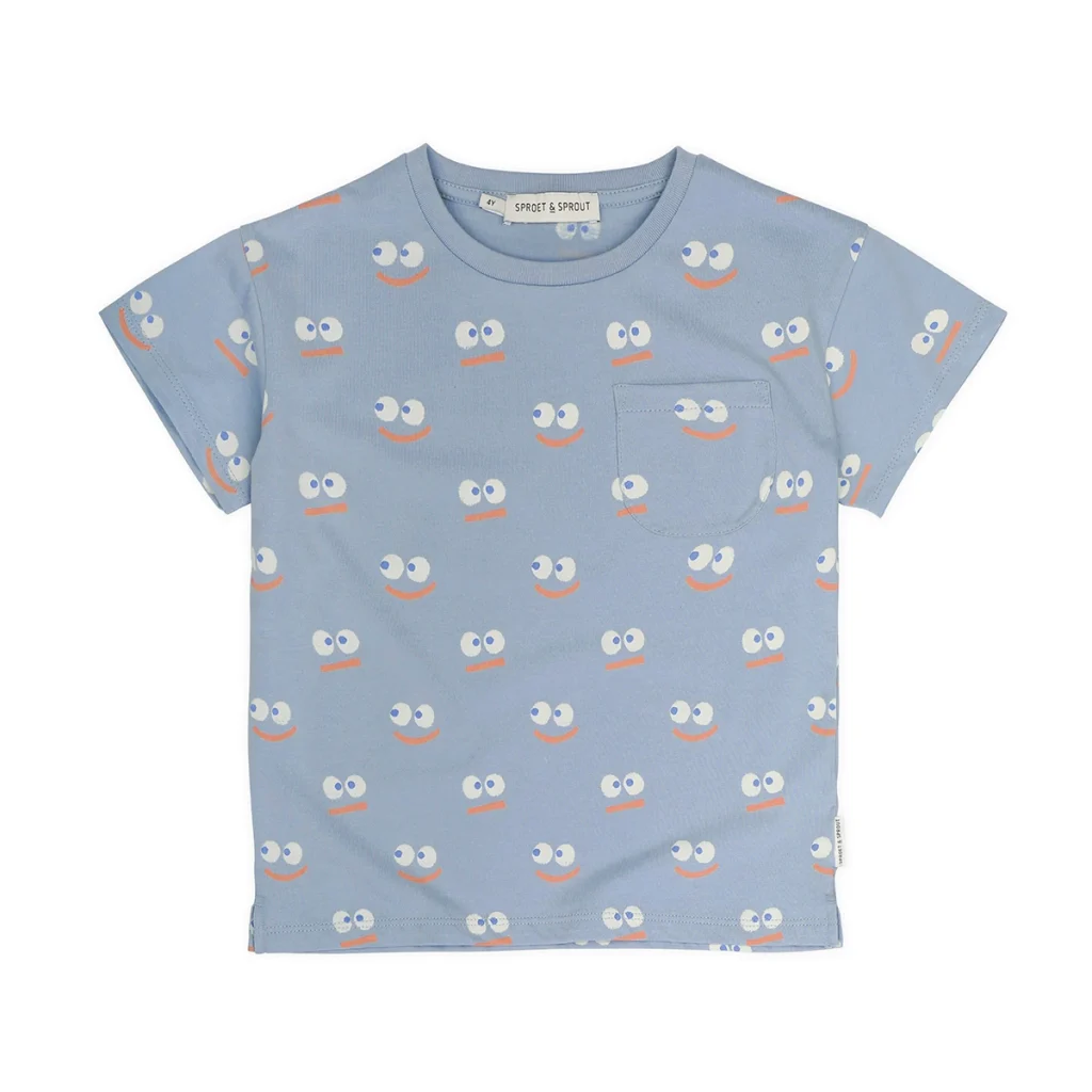 Kurzärmeliges T-Shirt. Smiley Print. Hellblau