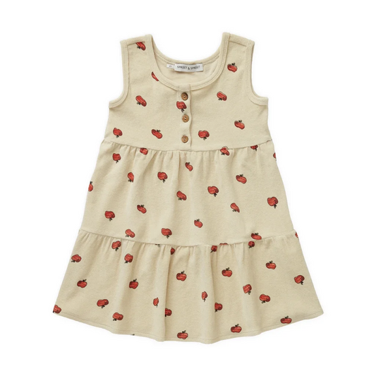 Ärmelloses Sommerkleid. Frottee. Apfel Print. Beige