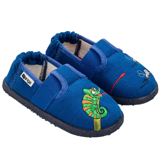 Hausschuhe für Kinder. Bio-Baumwolle. Elliot das Chamäleon