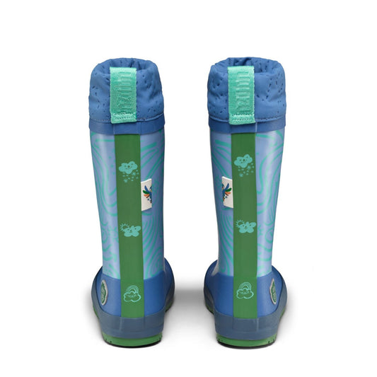 Veganer Barfuß-Gummistiefel Puddly im Paradiesvogel-Design warm gefüttert mit Cordlock-Kragen, Rückansicht