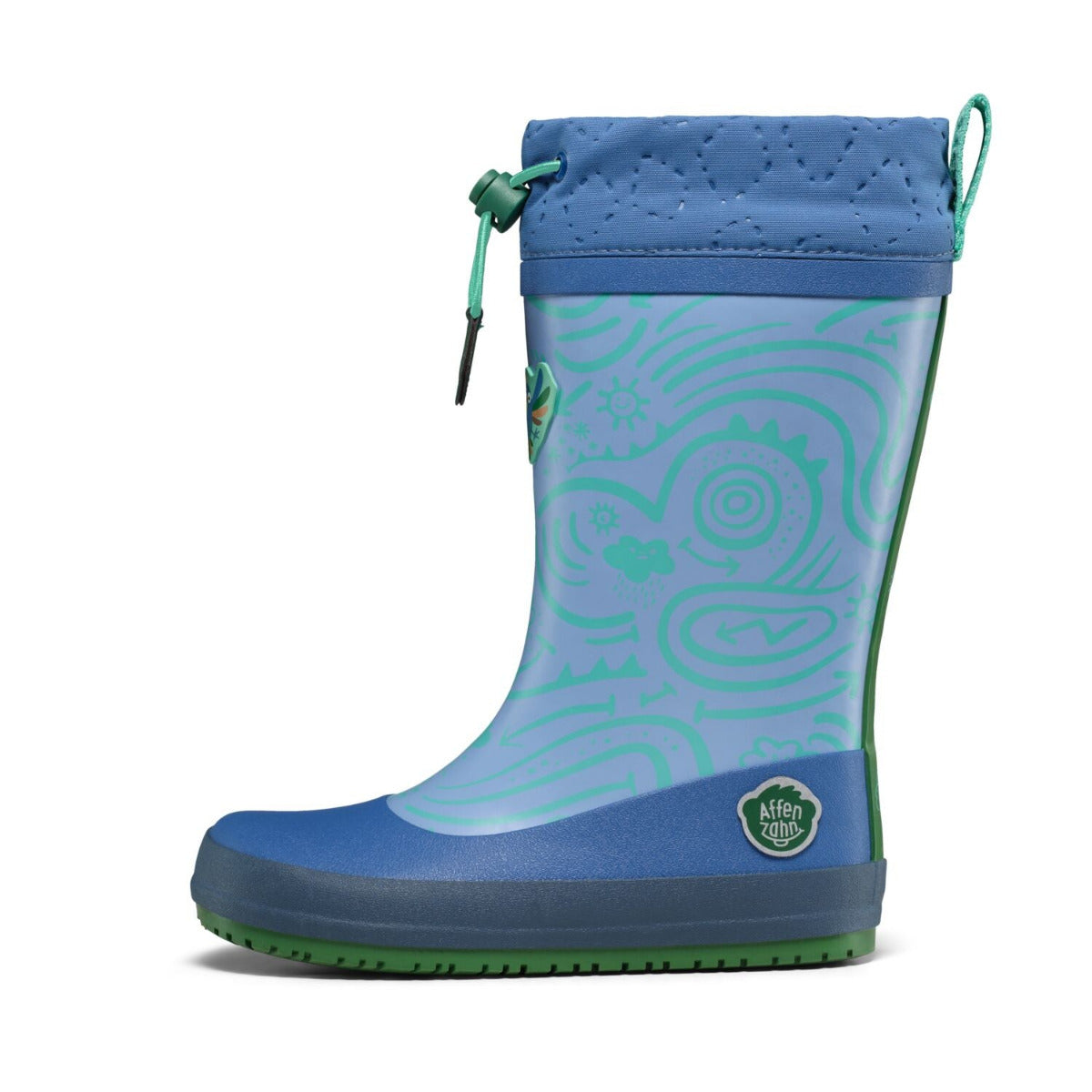 Veganer Barfuß-Gummistiefel Puddly im Paradiesvogel-Design warm gefüttert mit Cordlock-Kragen, Außenansicht
