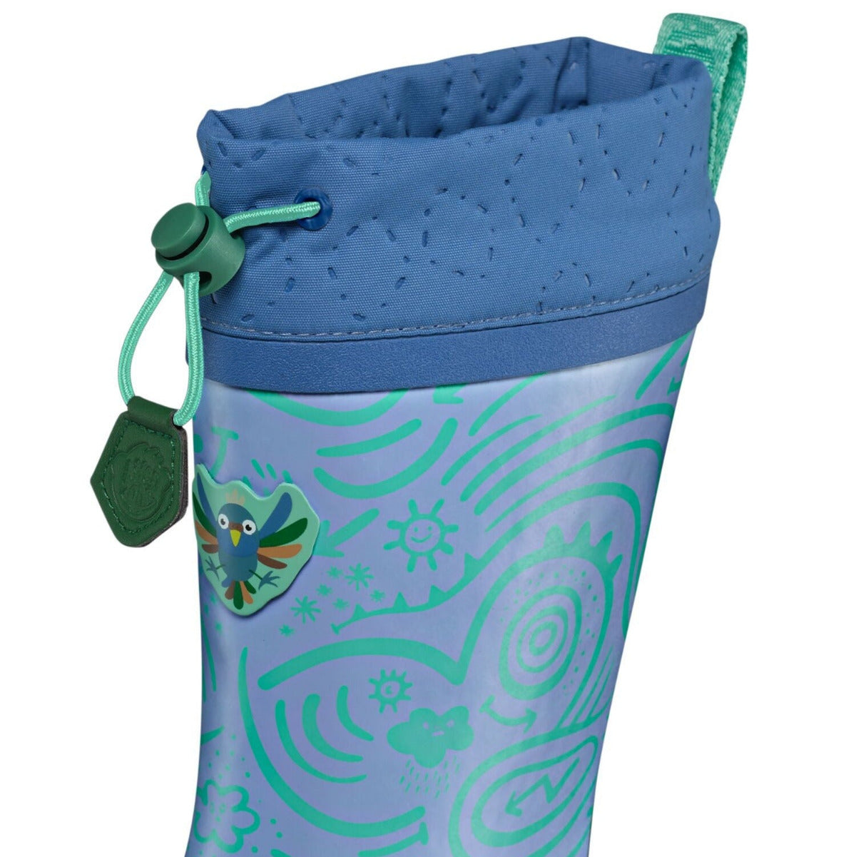 Veganer Barfuß-Gummistiefel Puddly im Paradiesvogel-Design warm gefüttert mit Cordlock-Kragen, Nahaufnahme