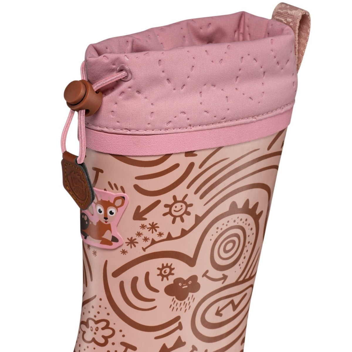 Veganer Barfuß-Gummistiefel Puddly im Reh-Design warm gefüttert mit Cordlock-Kragen, Nahaufnahme