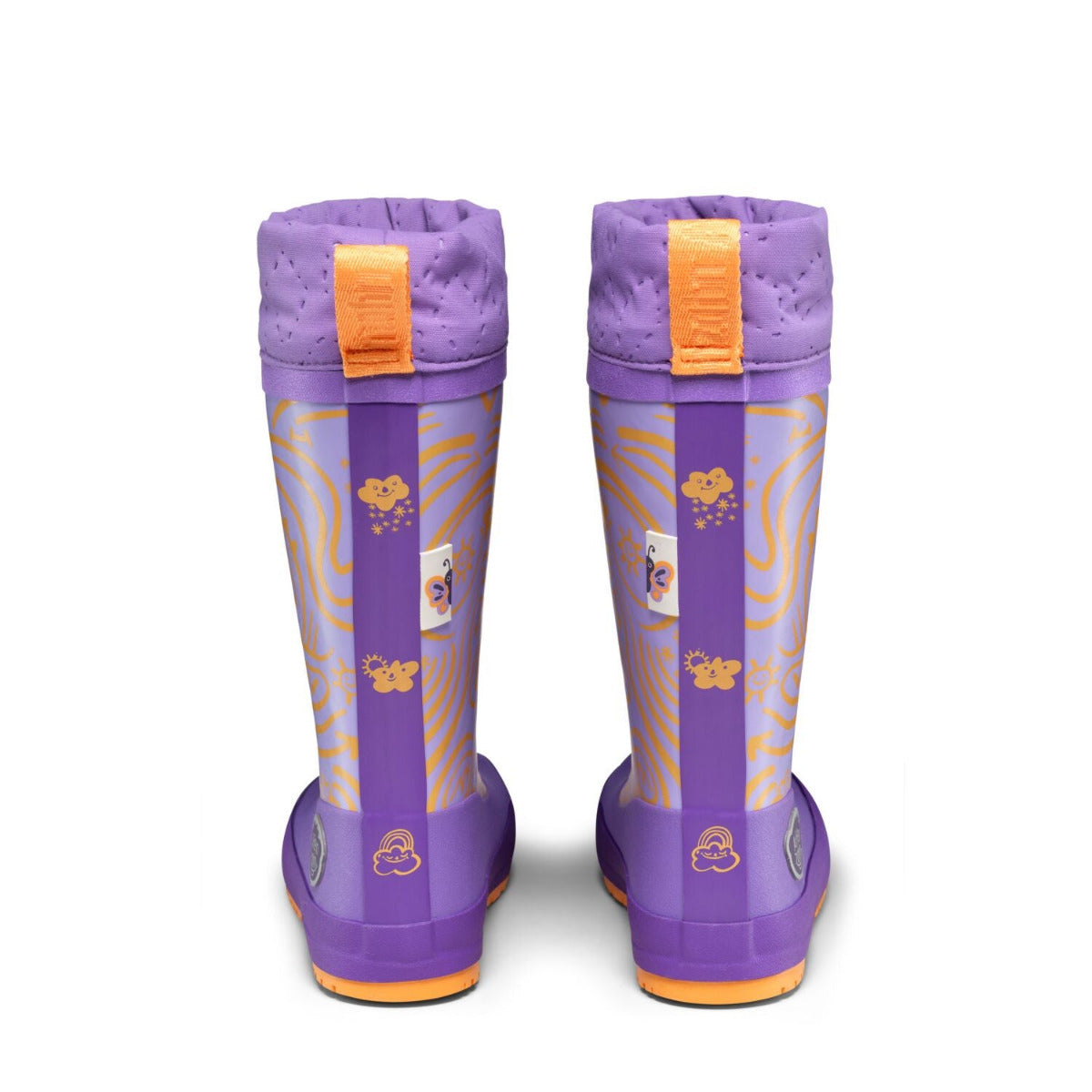 Veganer Barfuß-Gummistiefel Puddly im Schmetterling-Design warm gefüttert mit Cordlock-Kragen, rückansicht