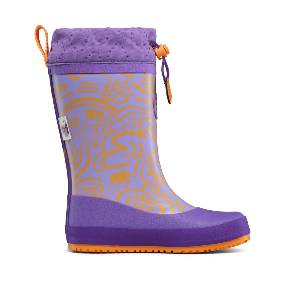 Veganer Barfuß-Gummistiefel Puddly im Schmetterling-Design warm gefüttert mit Cordlock-Kragen, Innenansicht