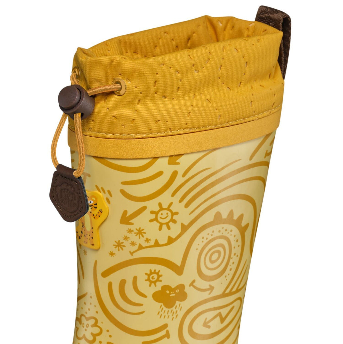 Veganer Barfuß-Gummistiefel Puddly im Tiger-Design warm gefüttert mit Cordlock-Kragen, nahaufnahme