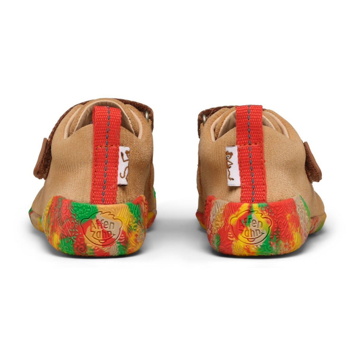 Affenzahn Lauflerner Walky Modell Affe – Brauner Leder-Barfußschuh für Kinder, Fersenansicht mit der Rechts-Links-Unterscheidung