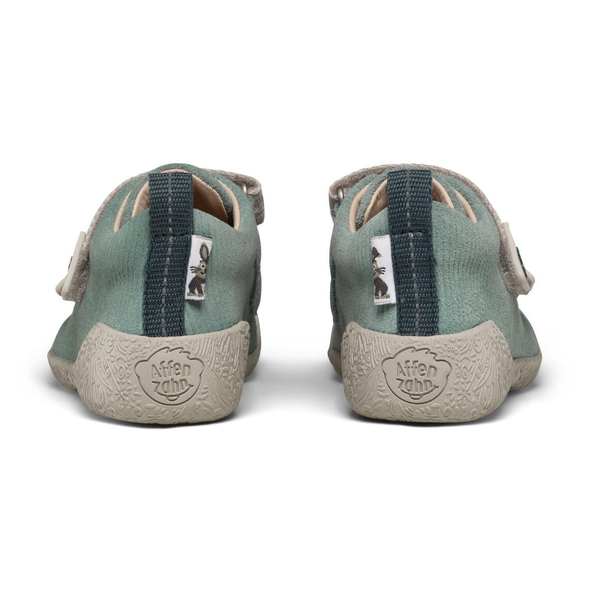 Blauer Affenzahn Lauflerner Walky Hase – Leder-Barfußschuh für Kinder, Fersenansicht mit Rechts-Links-Unterscheidung