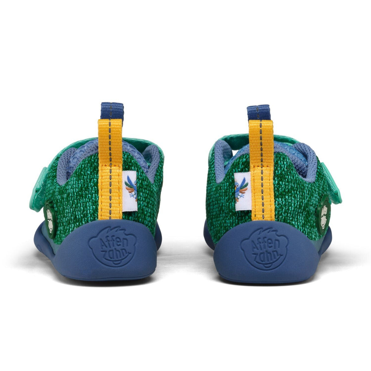 Affenzahn Barfuss-Sneaker Happy Knit, Modell Paradiesvogel, Fersenansicht mit Tierapplikationen und Rechts-Links-Unterscheidung