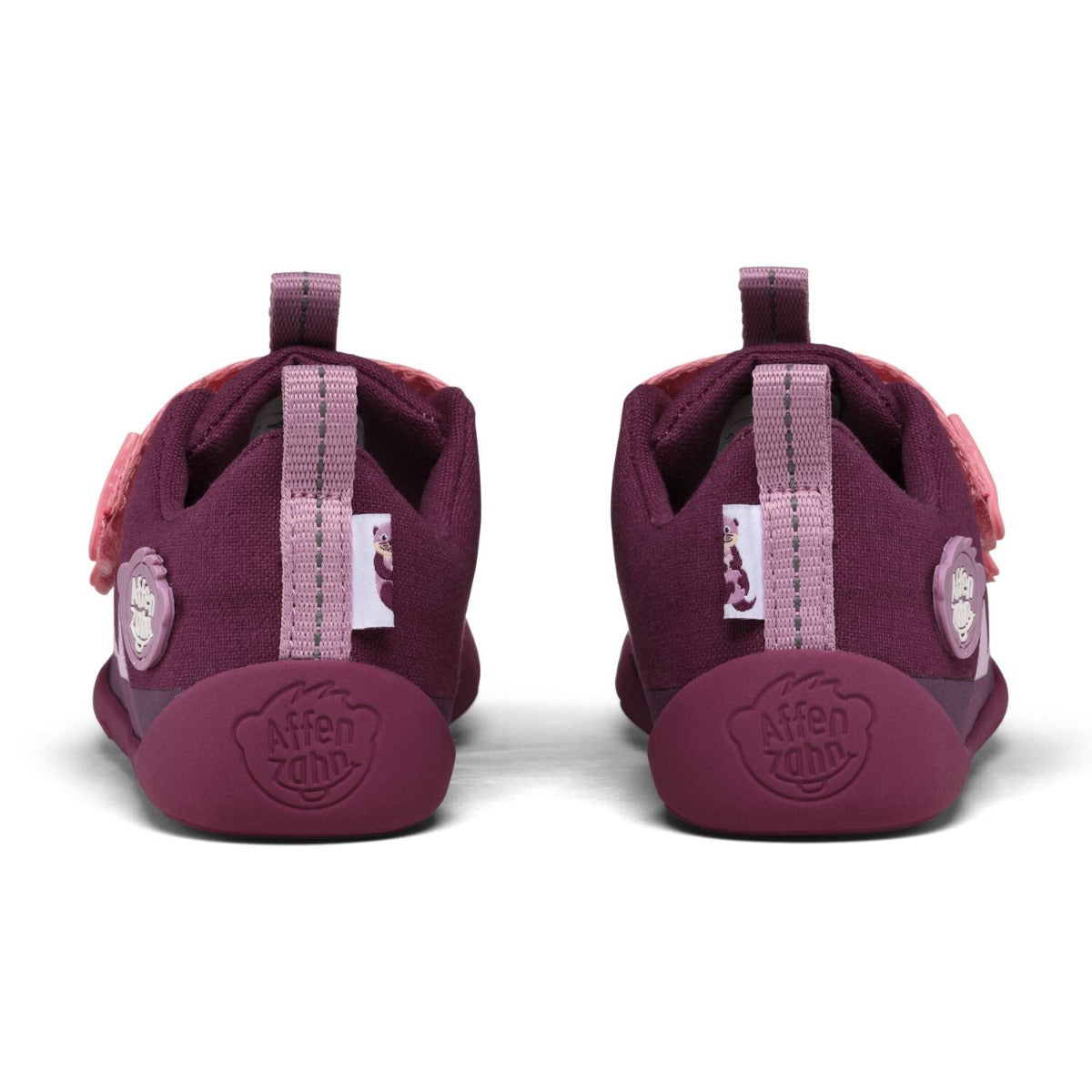 Affenzahn Barfuss-Sneaker Lucky Baumwolle, Modell Otter, Fersenansicht mit Tierapplikationen und Rechts-Links-Unterscheidung