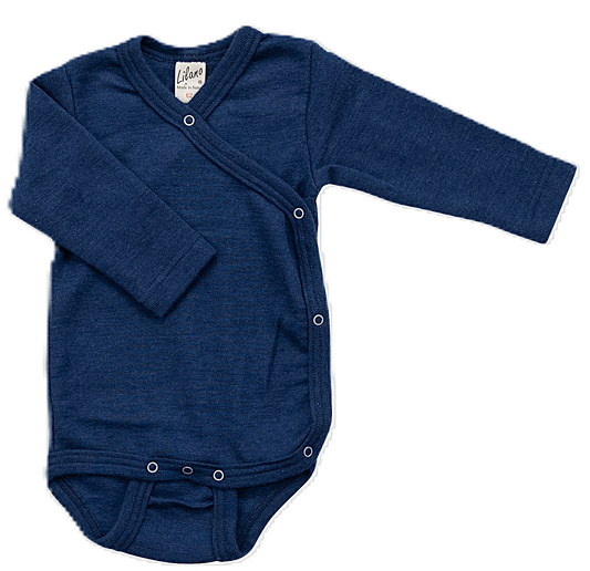 Wickelbody aus Wolle/Seide, langarm, marine | Lilano