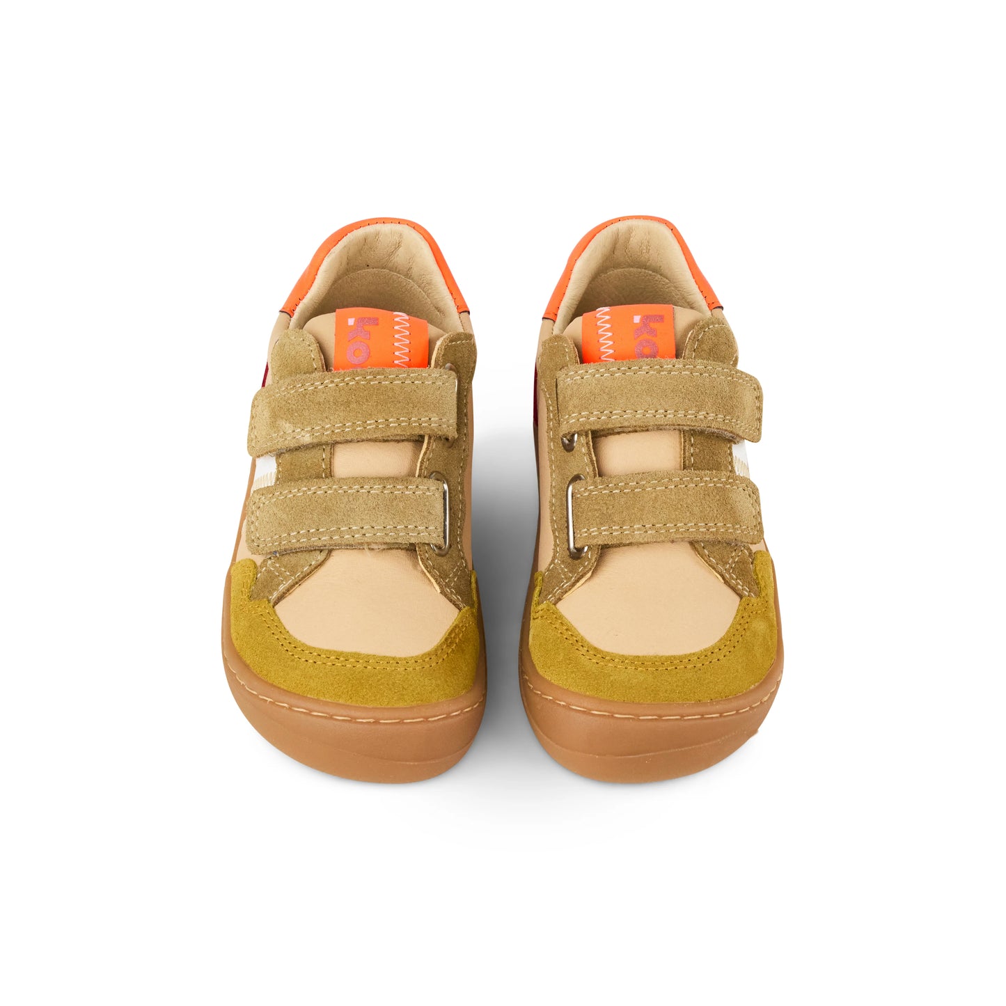 Stylischer Kinder Barfuß-Sneaker Koel Bali Leder 3.0 in beige mit coolen Farbakzenten,von vorne