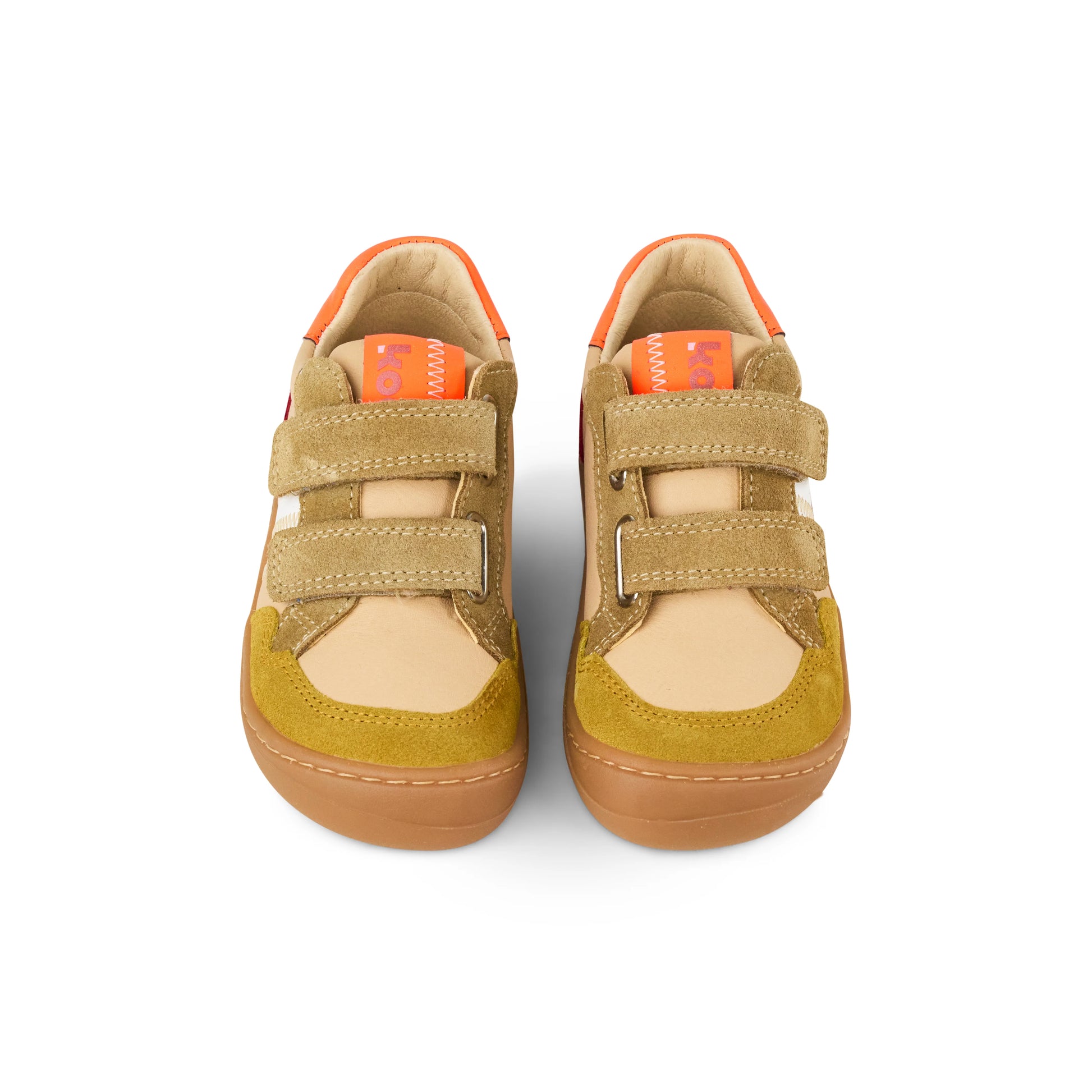 Stylischer Kinder Barfuß-Sneaker Koel Bali Leder 3.0 in beige mit coolen Farbakzenten,von vorne