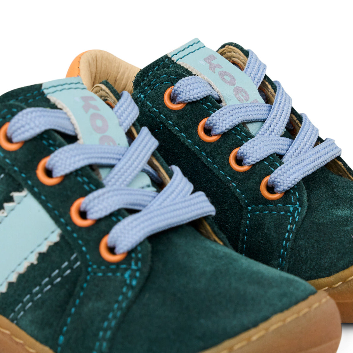 Koel Barefoot BLAKE Suede, nahaufnhame, grün/orange, schnürer