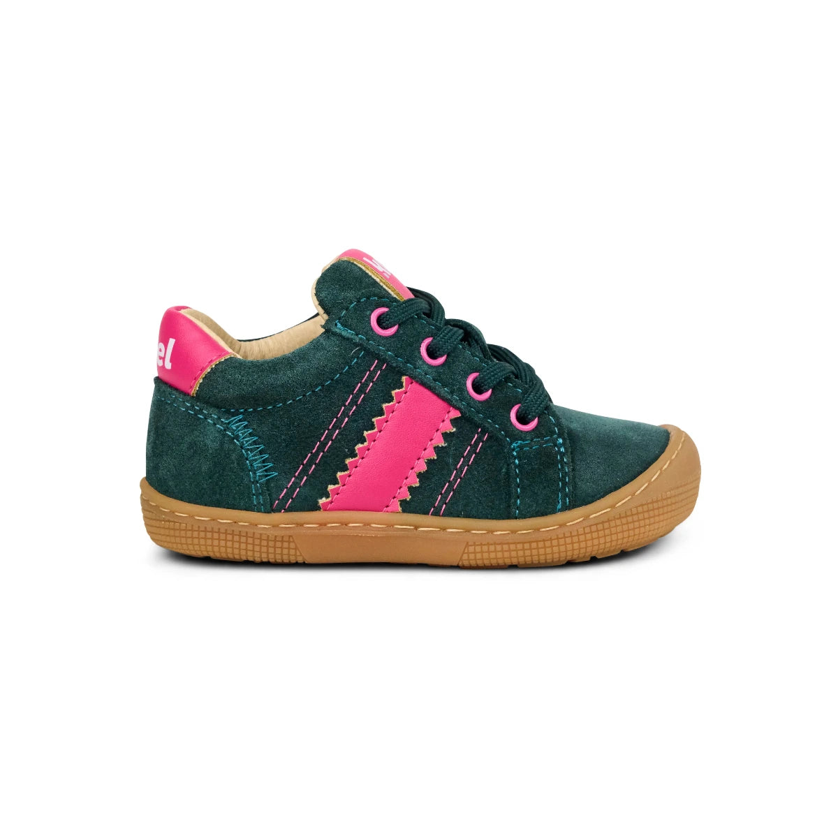 Koel DALLAS Suede Barfuß Lauflernschuh in der Farbe pink/dunkelgrün