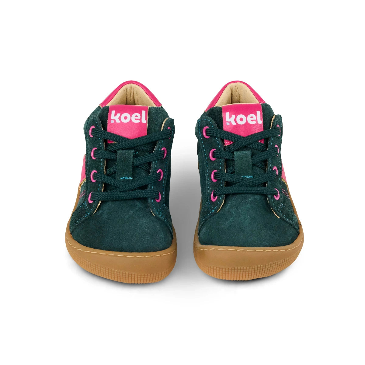 Koel DALLAS Suede Barfuß Lauflernschuh in der Farbe pink/dunkelgrün, Vorderansicht