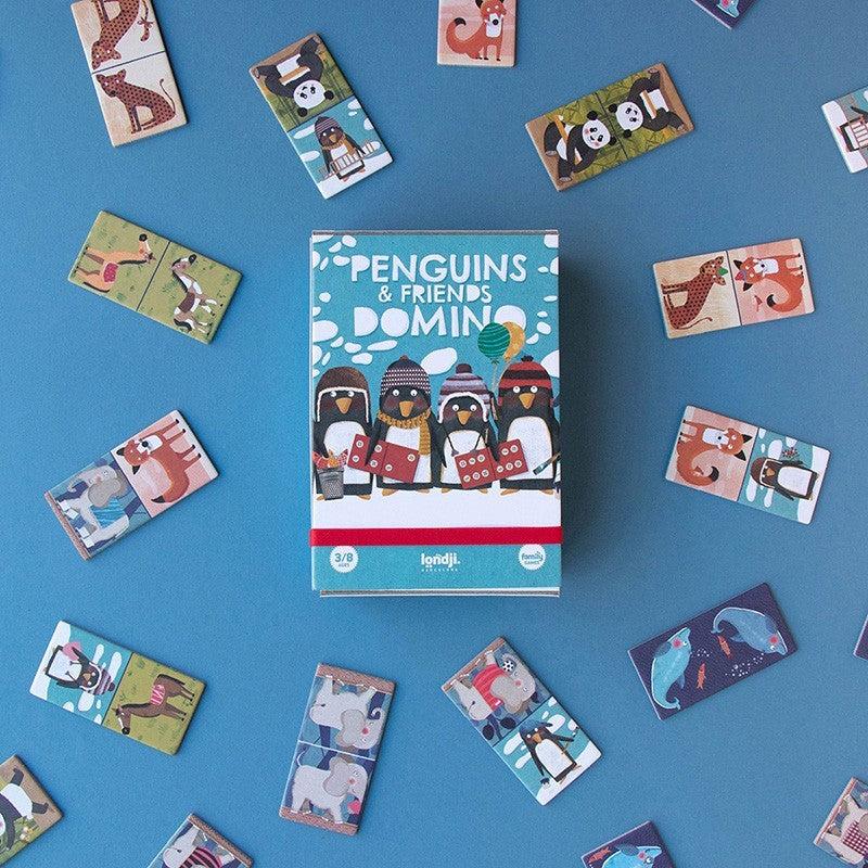 Londji Domino Spiel PENGUINS_FRIENDS, Verpackung und Kartonsteine ausgelegt