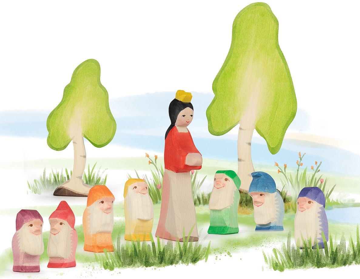 Schneewittchen und die sieben Zwerge mit Birken im Hintergrund. Alles Figuren von Ostheimer
