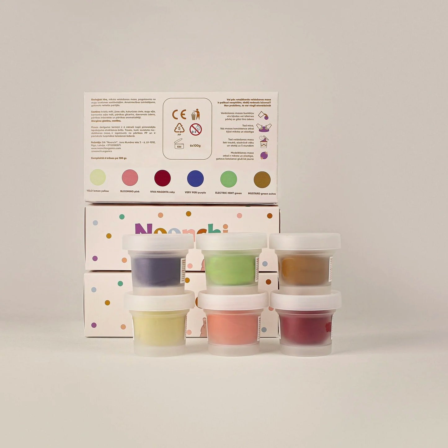 Noonchi Organics Vibrant Color Set – 6 Dosen bunte Bio-Knete in den Farben Gelb, Lila, Rosa, Mint, Magenta und Senfgelb.
