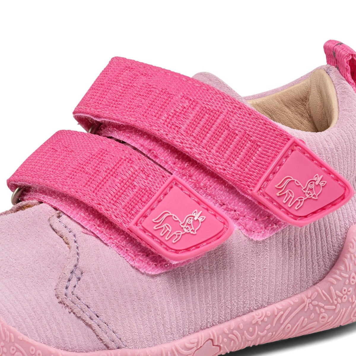 Lauflerner Leder Walky, ein hochwertiger Minimalschuh aus weichem Leder, Medell Einhorn, Detailaufnahme Tierapplikationen