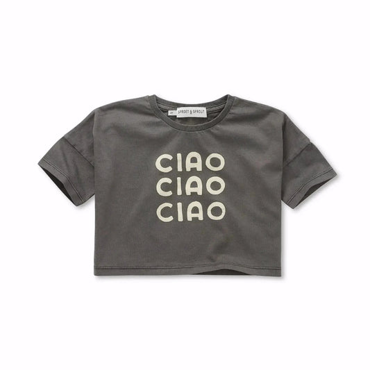 Cropped TShirt mit Schriftzug Ciao im washed black look