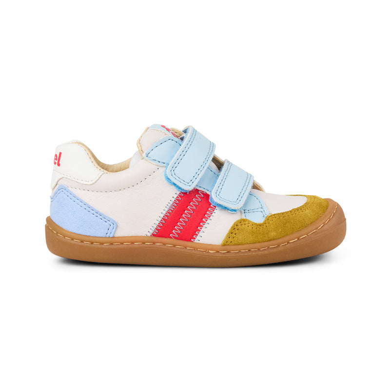 Koel barfuß sneaker in weiß, blau, neuon orange und gelb, seitenansicht