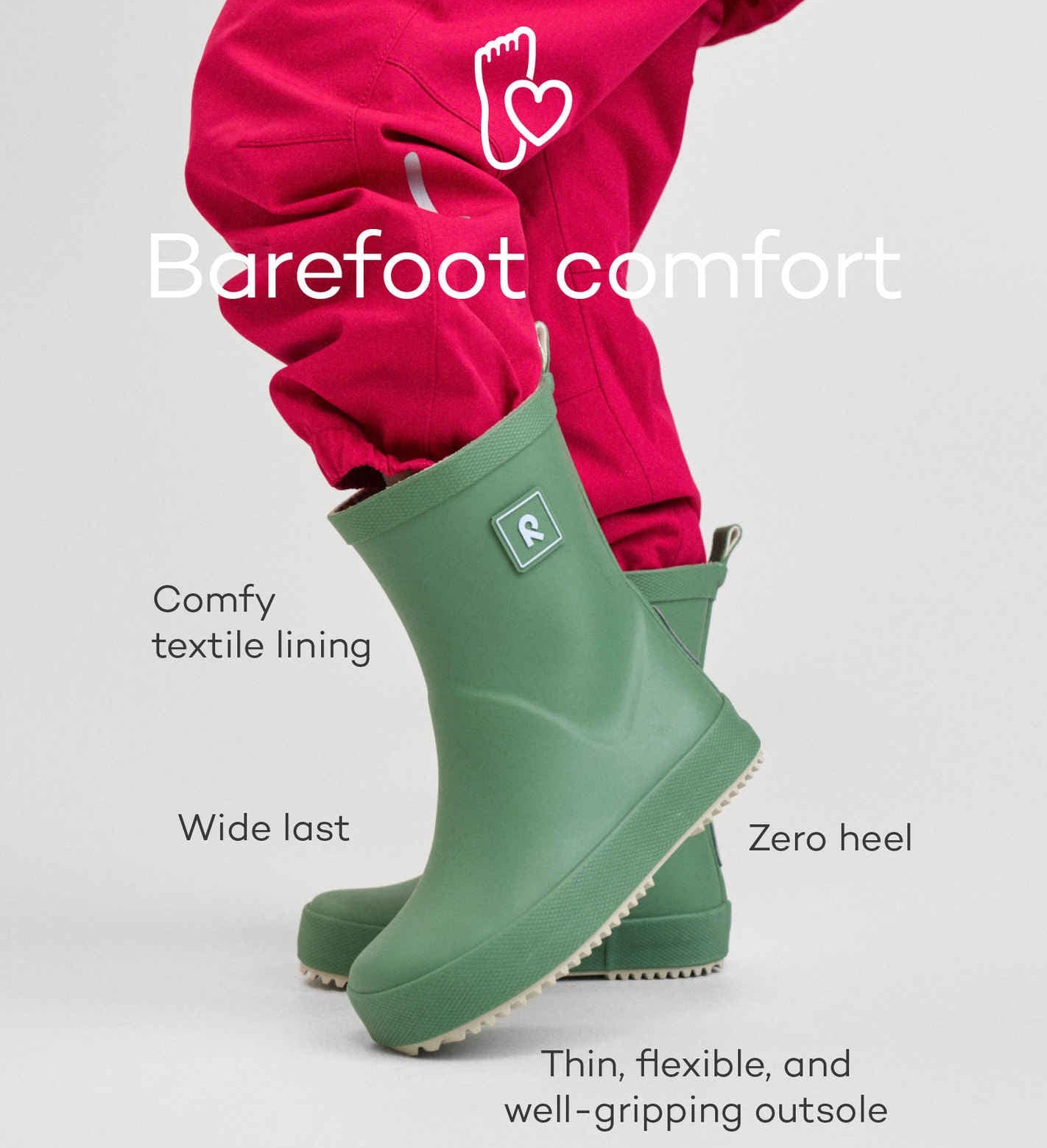 Ein Bild, die die Vorteile der Reima-Barfuß-Gummistiefel aufzeigen.