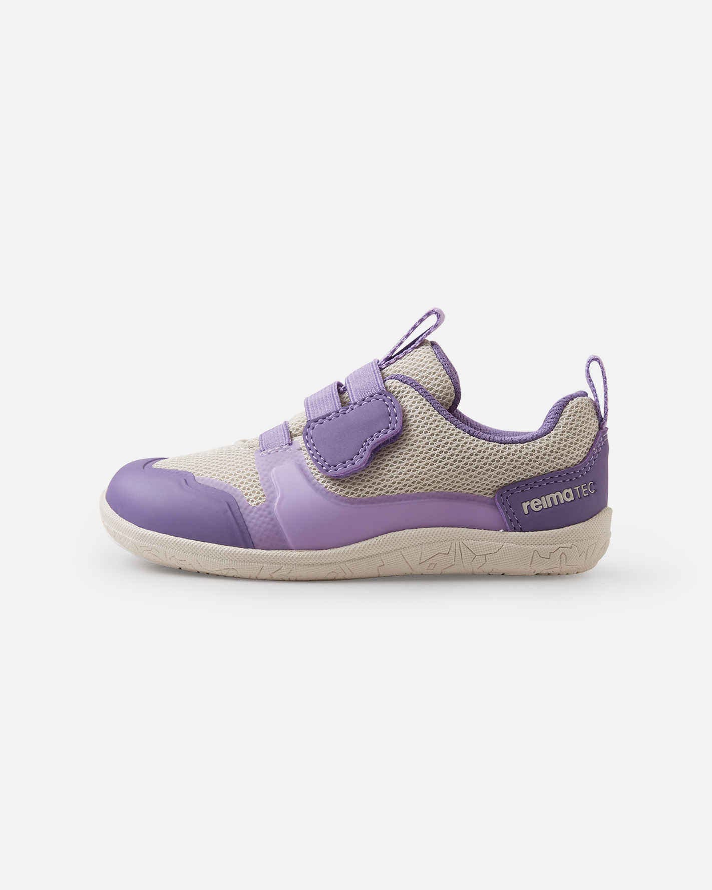 reima barfußschuhe in beige und lila, mit klettverschluß, von der seite