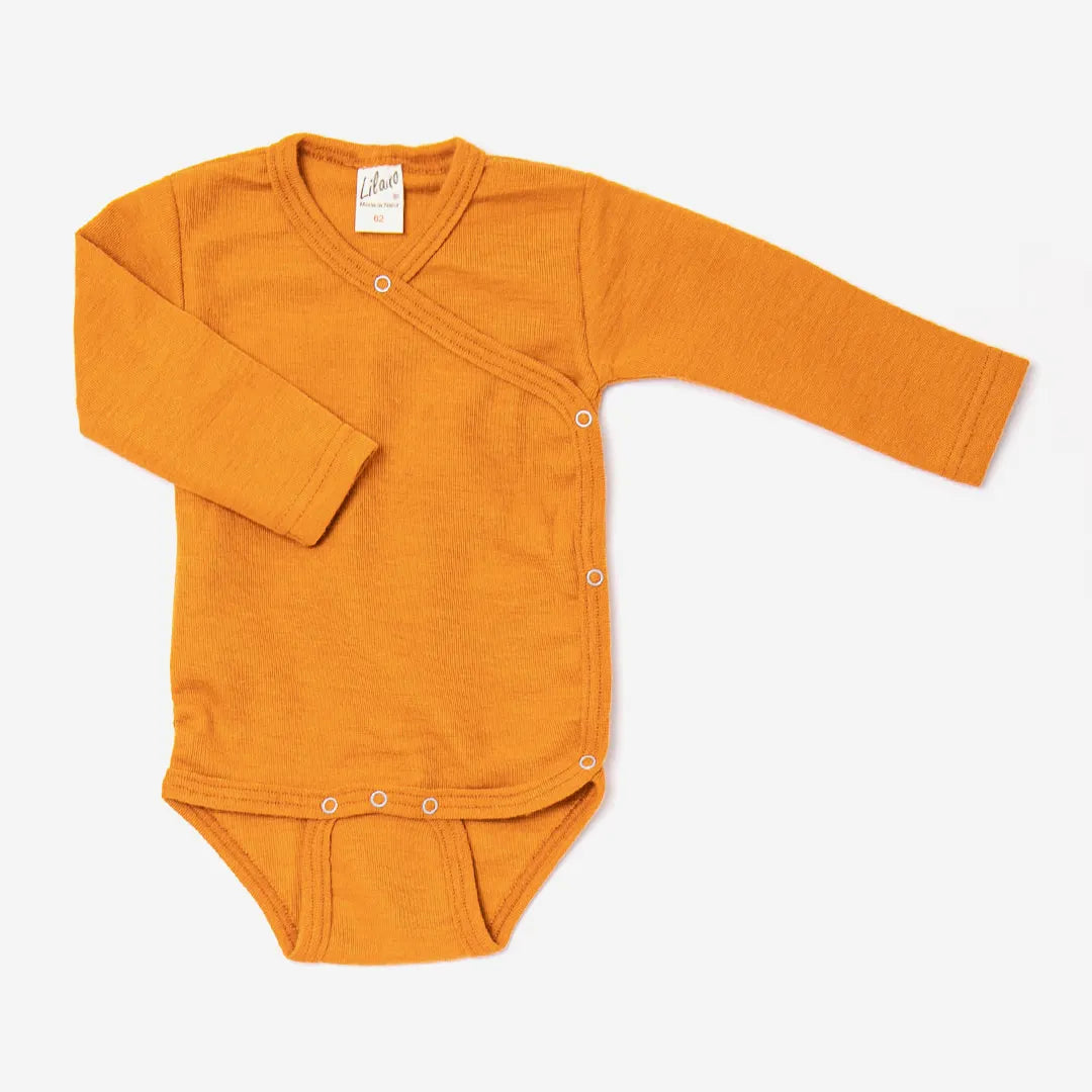 Wickelbody aus Wolle/Seide, langarm, curry | Lilano