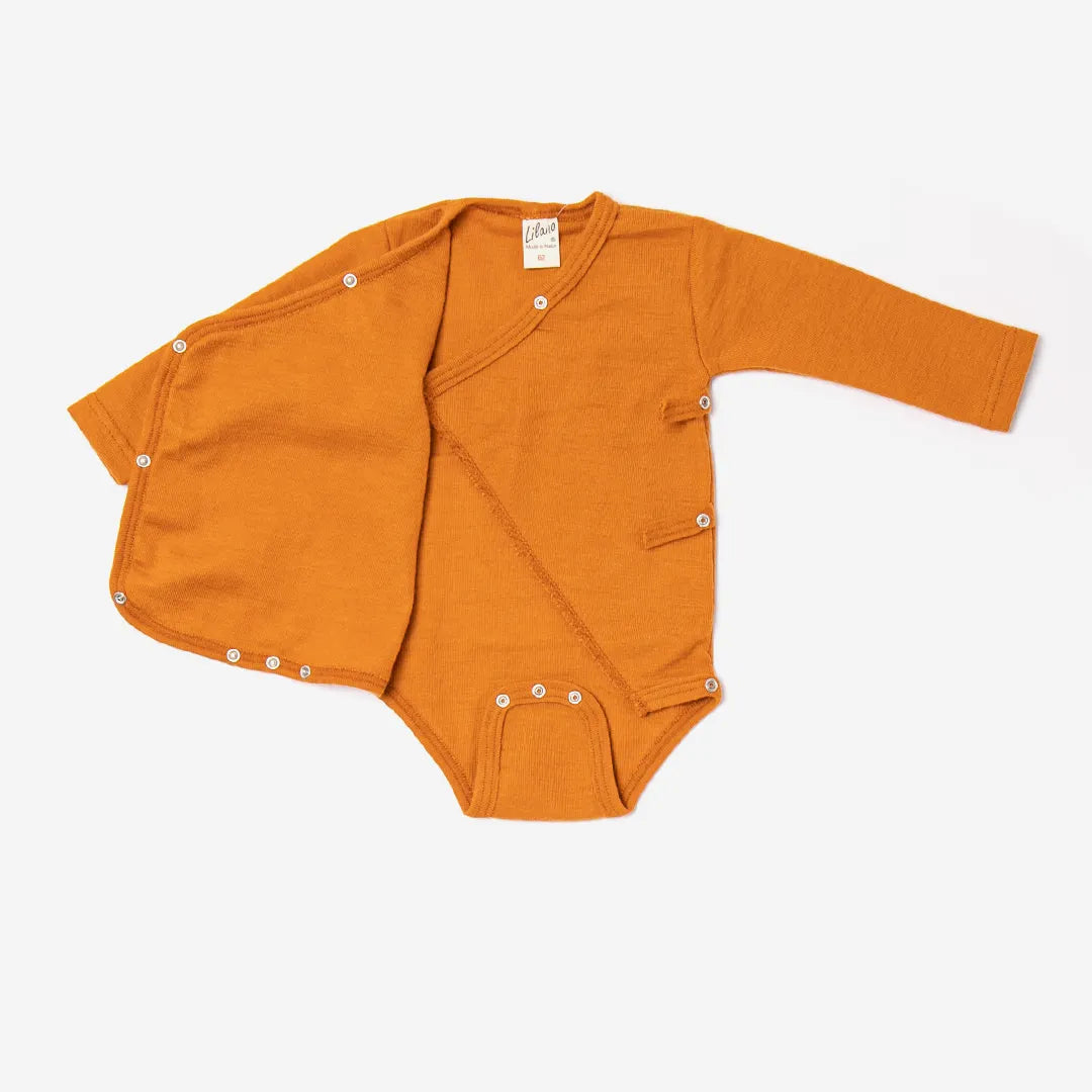 Wickelbody aus Wolle/Seide, langarm, curry | Lilano