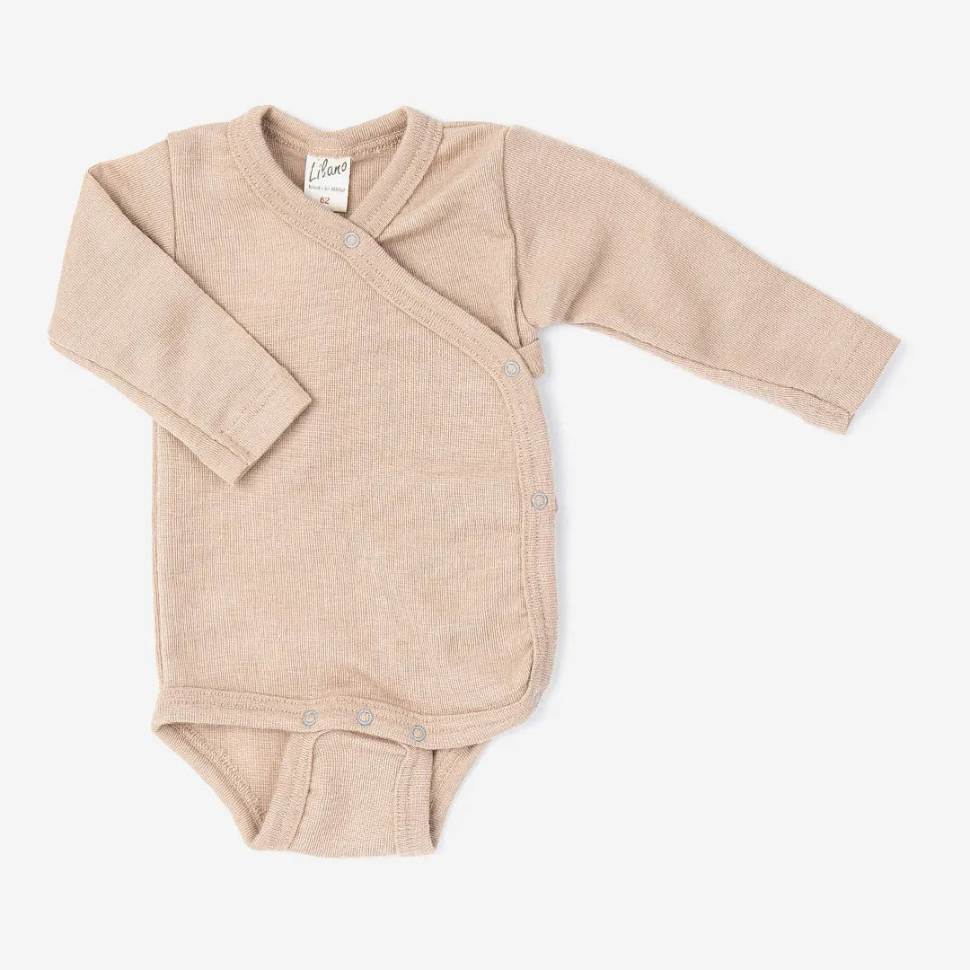 Wickelbody aus Wolle/Seide, langarm, sand | Lilano