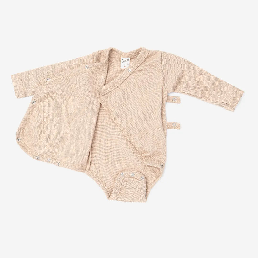 Wickelbody aus Wolle/Seide, langarm, sand | Lilano