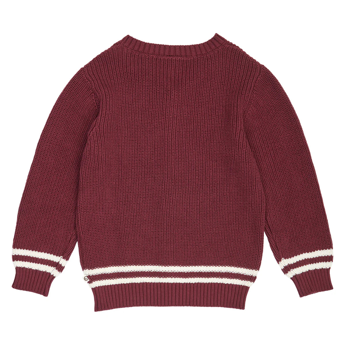 Strick-Cardigan im College Stil mit Knopfleiste und einem M als Aufdruck. Rückansicht