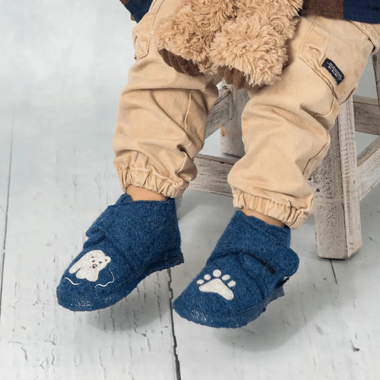 Hausschuhe aus Wolle, Klett | Polarbär, blau