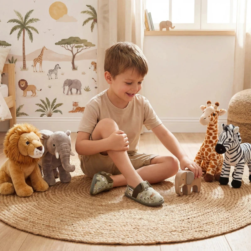 Beige-grüner Nanga Kinder Hausschuh Afrika mit Löwen und Giraffen Print-2