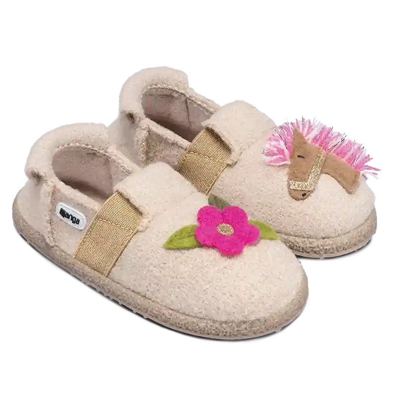 Naturfarbener Nanga Schurwoll Hausschuh Little Horse mit Pferdekopf und Blume