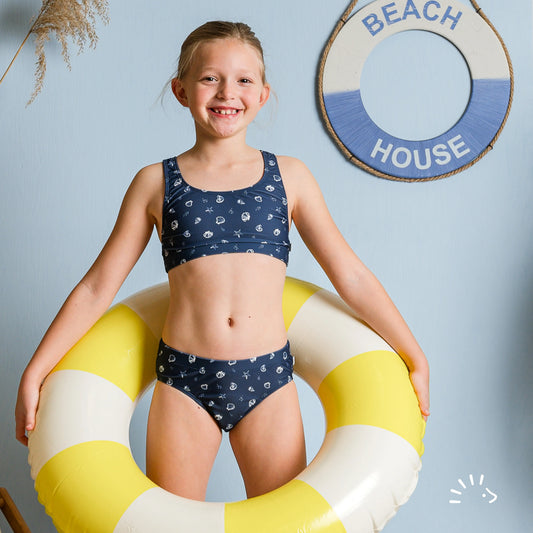 Hochwertiges Bikinioberteil mit UV-Schutz für Kinder | Muscheln Blau | popolini