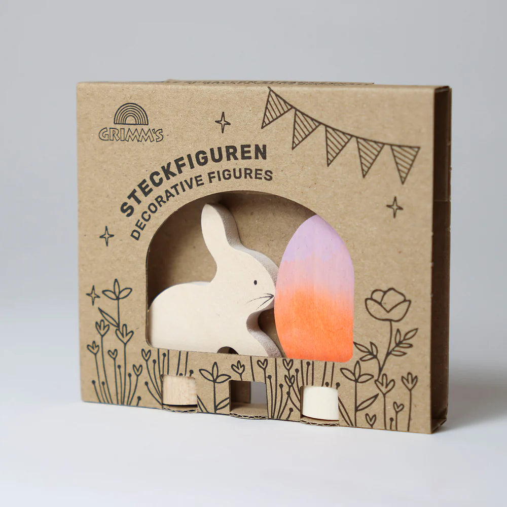 Grimm’s Holzstecker-Set Hase und Osterei in Orange-Lila Batik-Optik, Verpackung